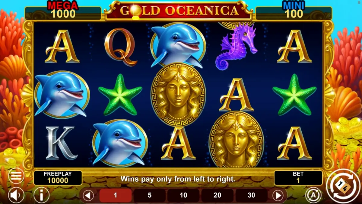 Tampilan visual slot Gold Oceanica dengan tema dewi laut dan harta karun bawah air.