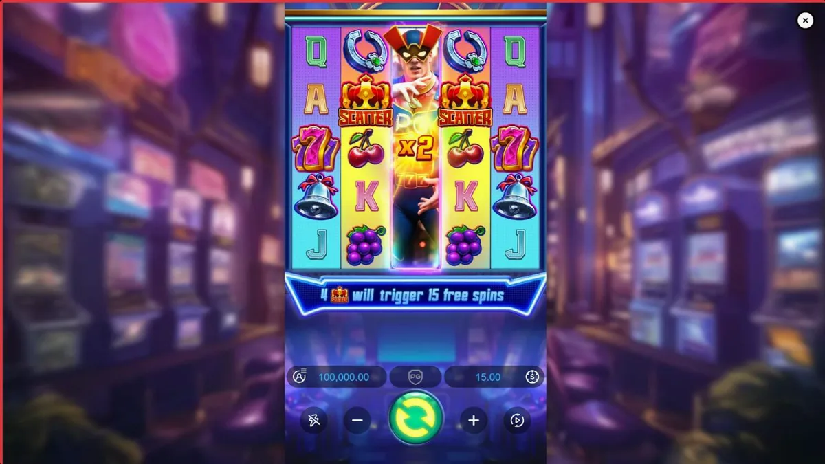 Tampilan visual slot Super Wildrix dengan tema pahlawan super dan lampu neon