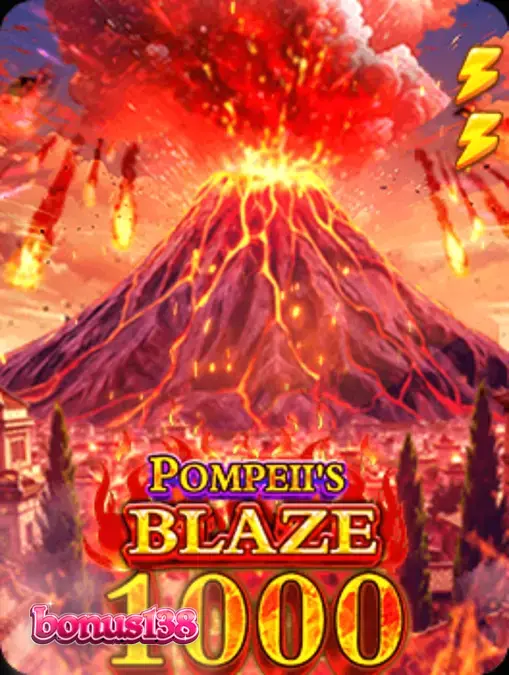 Tampilan visual slot Pompeii’s Blaze 1000 dengan latar belakang gunung berapi dan simbol Romawi.